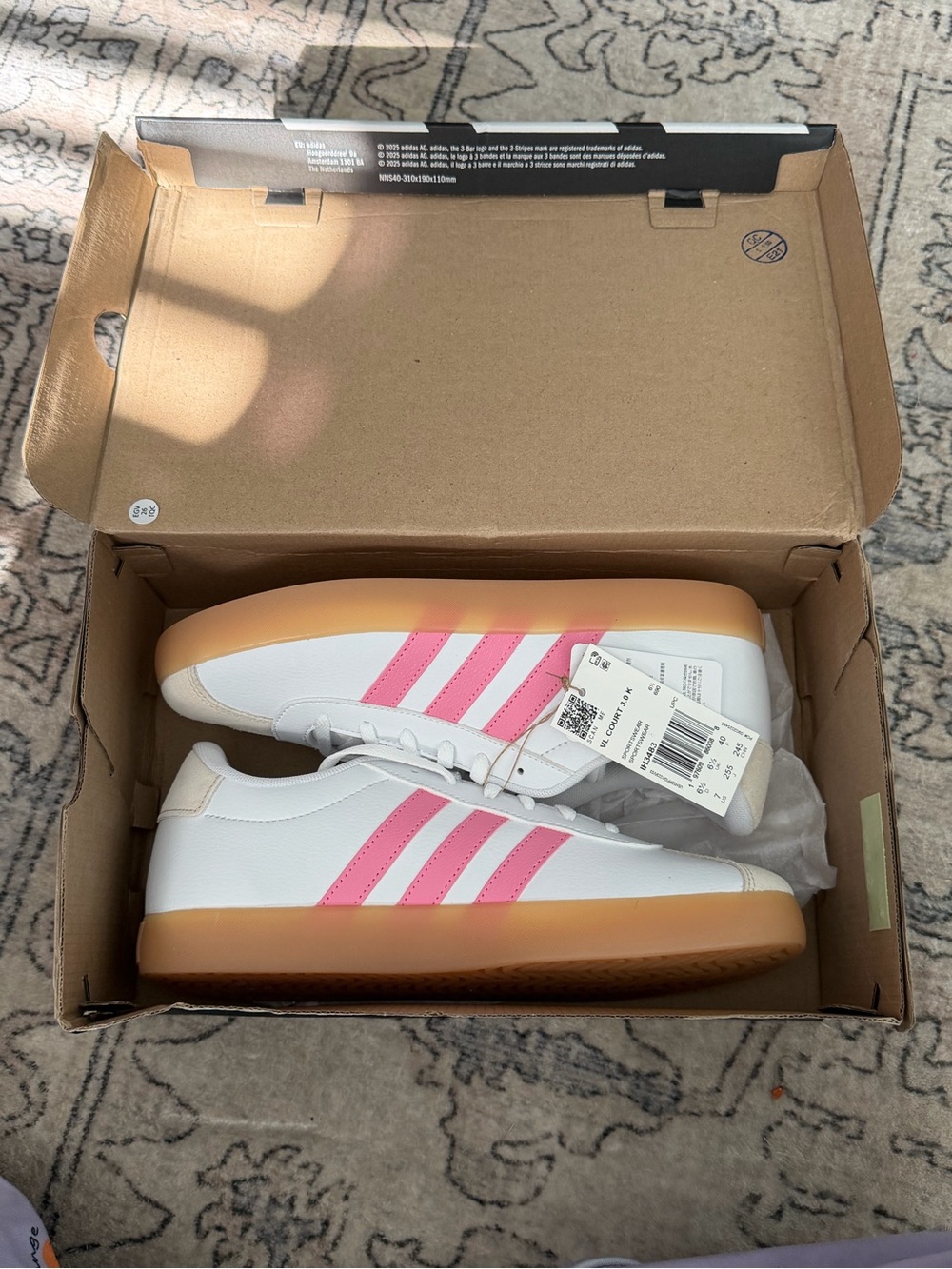 Adidas Womens White Sneakers with Pink Stripes and Gum Sole